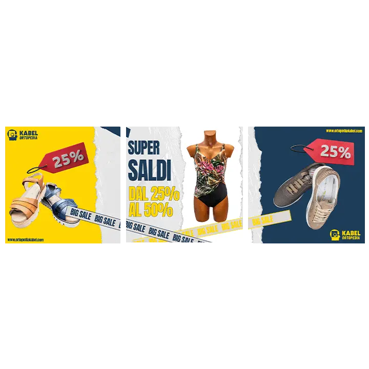 Grafica saldi estivi Kabel Ortopedia con scarpe e abbigliamento in offerta fino al 50%