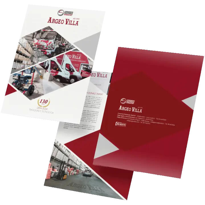 Animazione brochure istituzionale Argeo Villa con furgoni, magazzino e logo SNAFAT