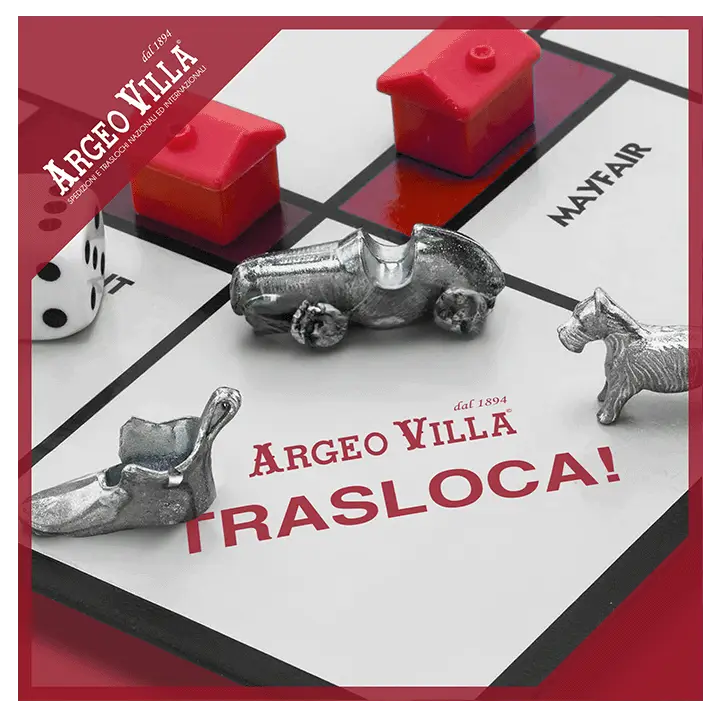 Tabellone Monopoly personalizzato con logo Argeo Villa e scritta TRASLOCA