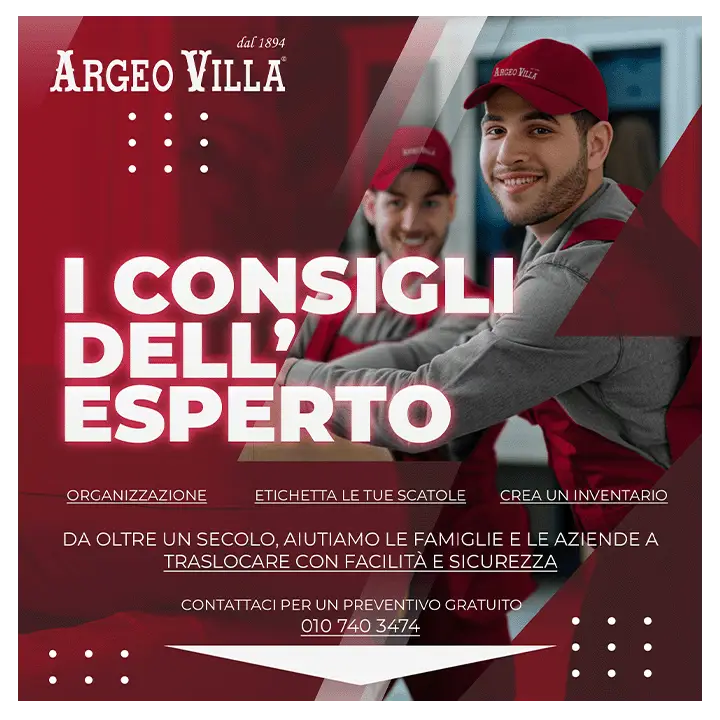 Grafica promozionale Argeo Villa con operatori in divisa e slogan “I consigli dell’esperto” su traslochi organizzati